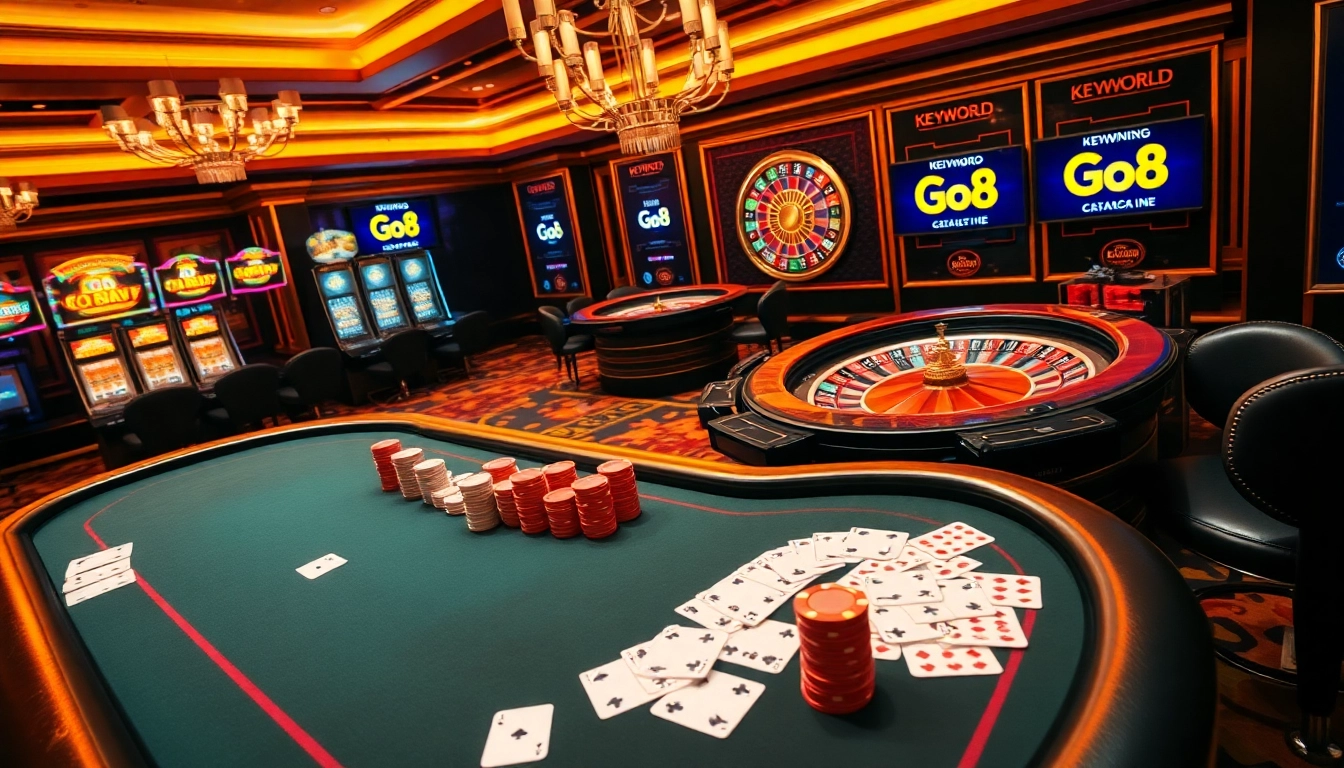 Go8 Casino scene featuring a high-stakes poker table, vibrant slot machines, and a thrilling roulette wheel atmosphere.